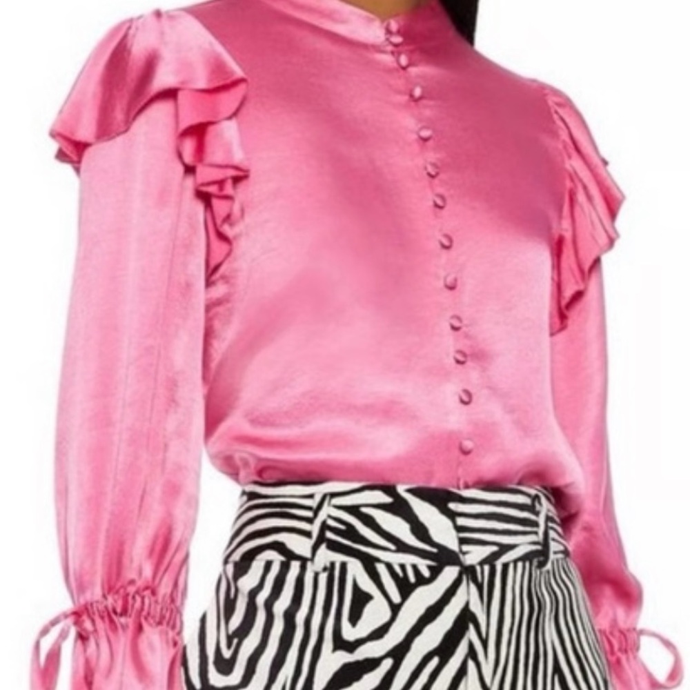 Alice and Olivia Brayden ruffle satin blouse In calypso pink…